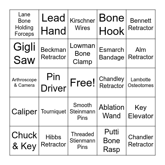 Surgical Tech Bingo Card