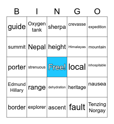 Mount Everest Bingo Card