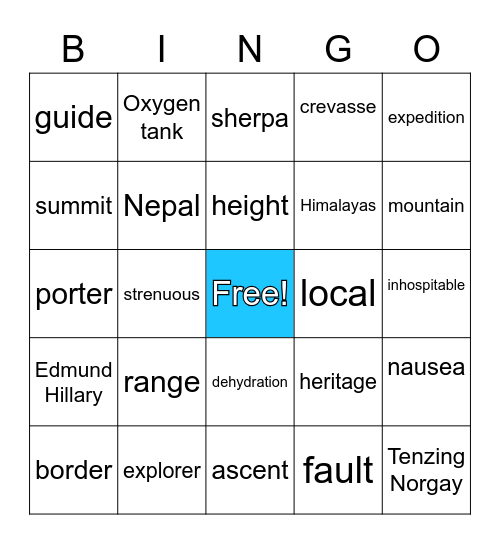 Mount Everest Bingo Card