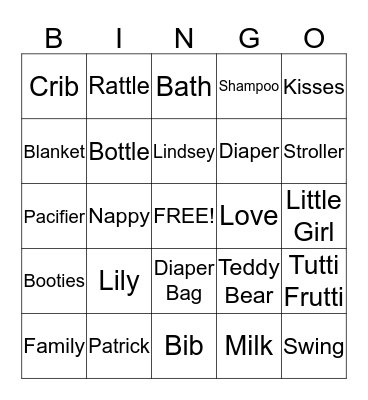 Lindsey's Baby Shower Bingo Card