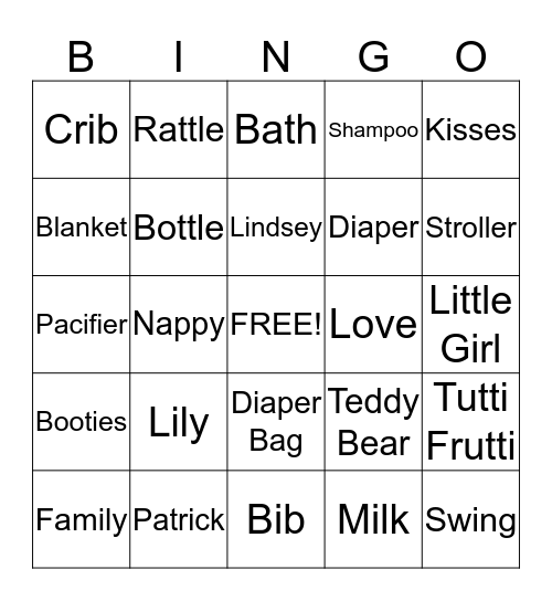 Lindsey's Baby Shower Bingo Card
