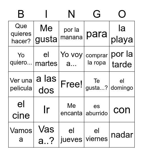 Making Weekend Plans Bingo Card