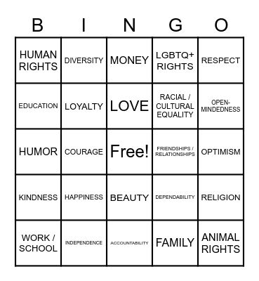 Values & Beliefs Bingo Card