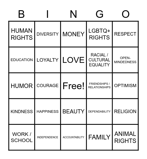 Values & Beliefs Bingo Card