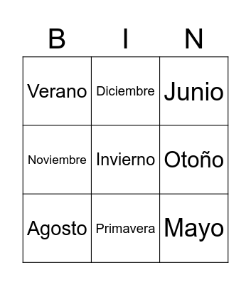 Los meses y las estaciones del año Bingo Card