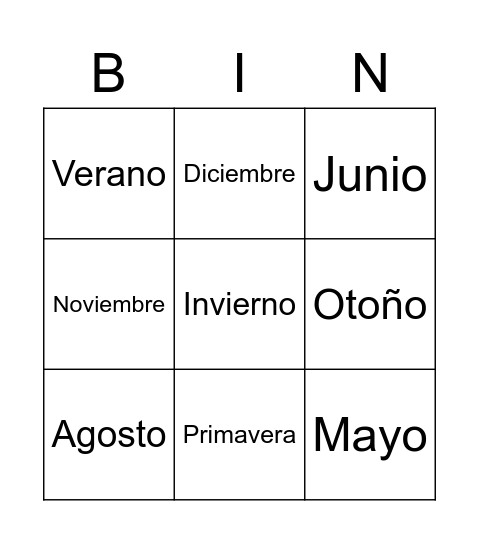 Los meses y las estaciones del año Bingo Card