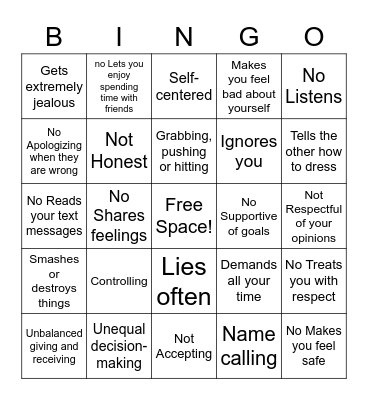 Healthy/Unhealthy Relationships Bingo Card
