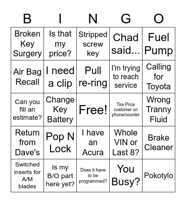 Parts Dept. Bingo! Bingo Card