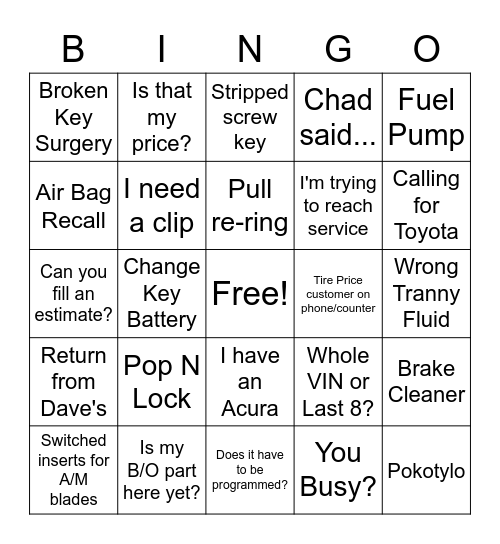 Parts Dept. Bingo! Bingo Card