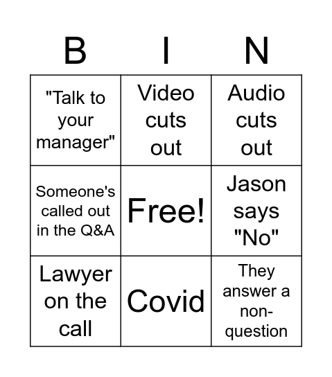 CEO Call Bingo Card