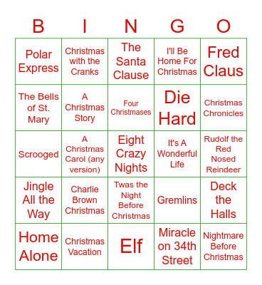 Holiday Movie Bingo Card