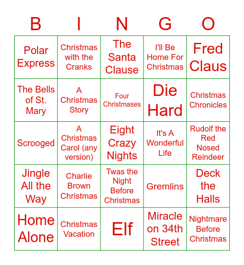 Holiday Movie Bingo Card