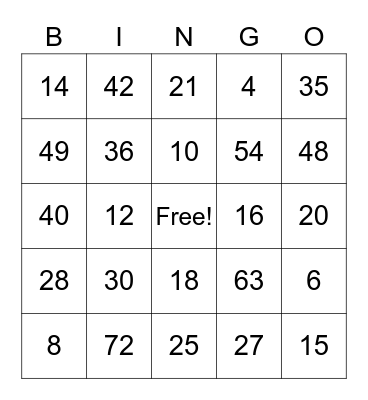 Multiplication Bingo Card