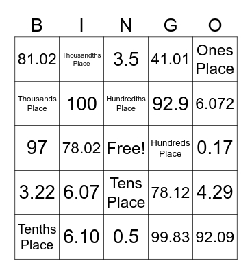 Decimal BINGO Card