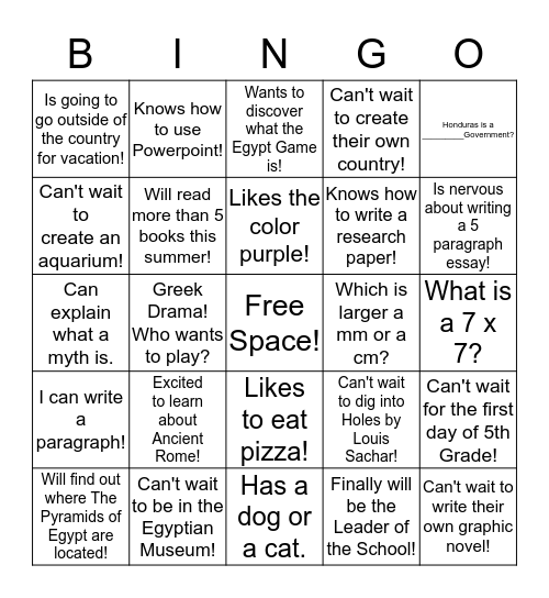 Moving Up To 5th Grade! Bingo Card