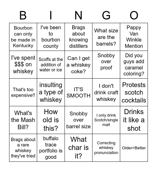Whiskey Phrases Bingo Card