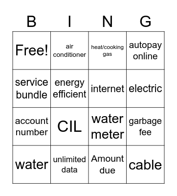 Utilities Bingo Card