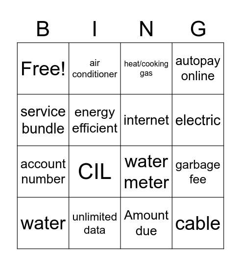 Utilities Bingo Card