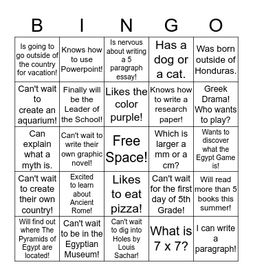 Moving Up To 5th Grade! Bingo Card