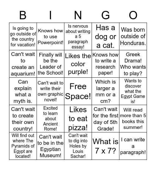 Moving Up To 5th Grade! Bingo Card