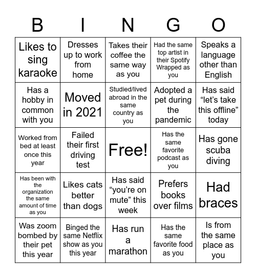 Find Someone Who... Bingo Card