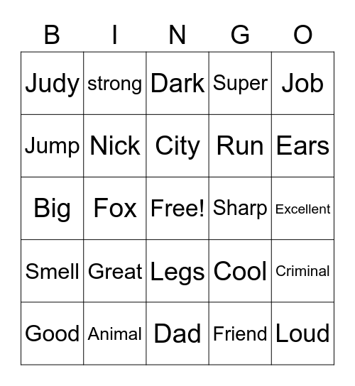 Zootopia Adjective Bingo Card
