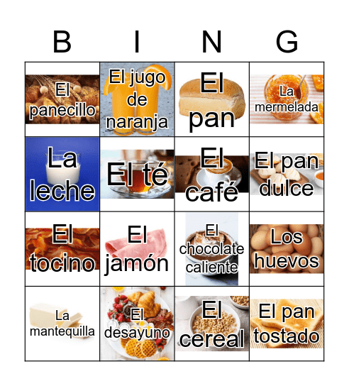 Spanish breakfast vocab Bingo Card