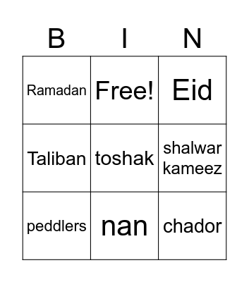 The Breadwinner Vocabulary Bingo Card