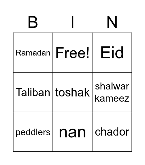 The Breadwinner Vocabulary Bingo Card