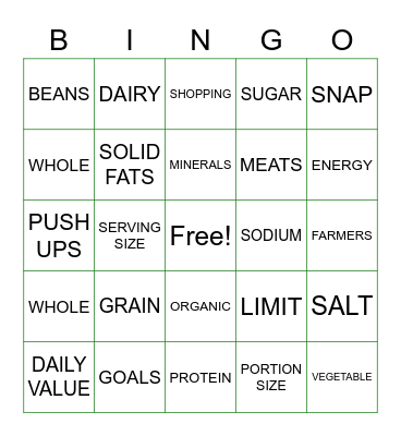 MYPLATE BINGO Card