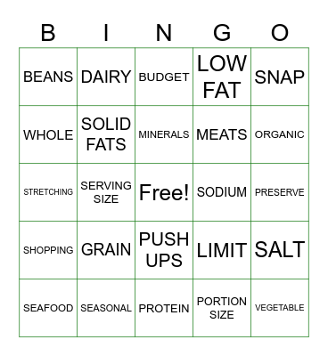 MYPLATE BINGO Card