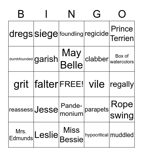 Bridge to Terabithia Bingo Card