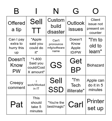 Geek Squad Bingo Card
