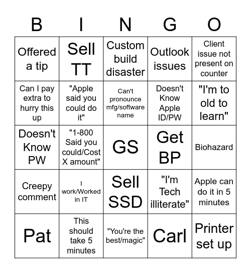 Geek Squad Bingo Card