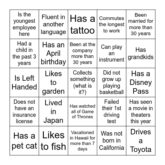 Co-Worker Bingo Card