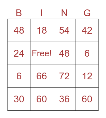 6's Multiplication Bingo Card