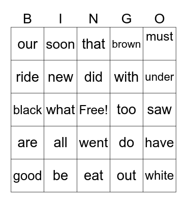 Primer Sight Words Bingo Card