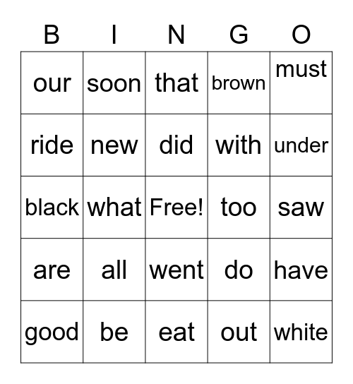Primer Sight Words Bingo Card