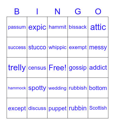 Lesson 5-5 Bingo Card