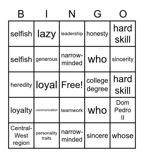 English Bingo Card