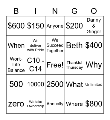 Recognition Bingo Card