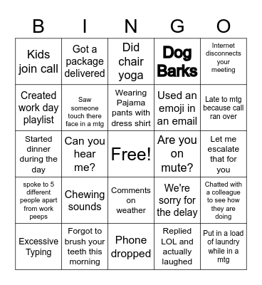 Remote Work Bingo Card