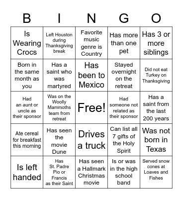 Confirmation Bingo Card