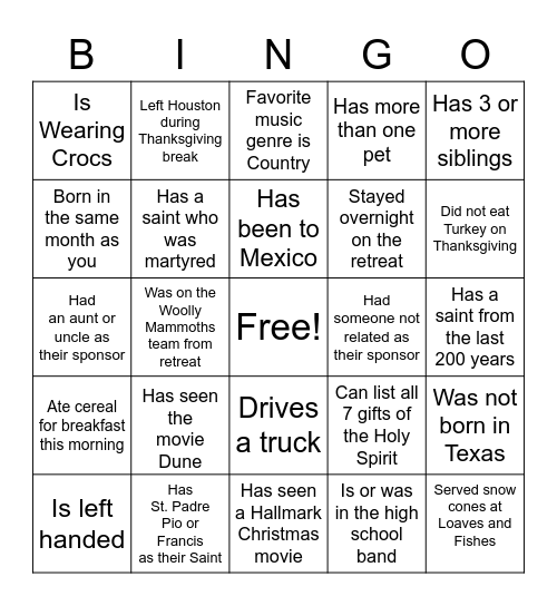 Confirmation Bingo Card