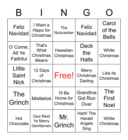 Christmas Music Bingo Card