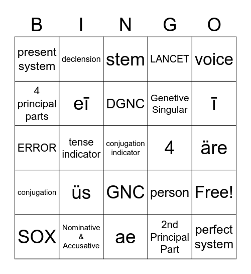 Semester 1 - Latin Bingo Card