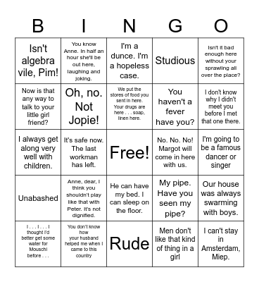 Anne Frank Bingo Card