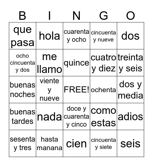 Table 1 Spanish Bingo Card