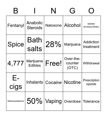 Drug and Alcohol Facts Bingo Card