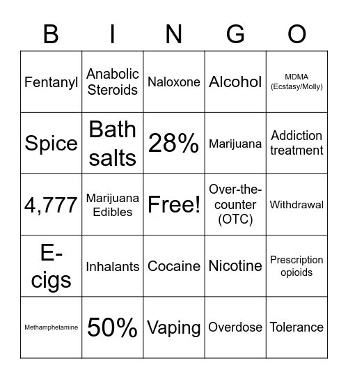 Drug and Alcohol Facts Bingo Card